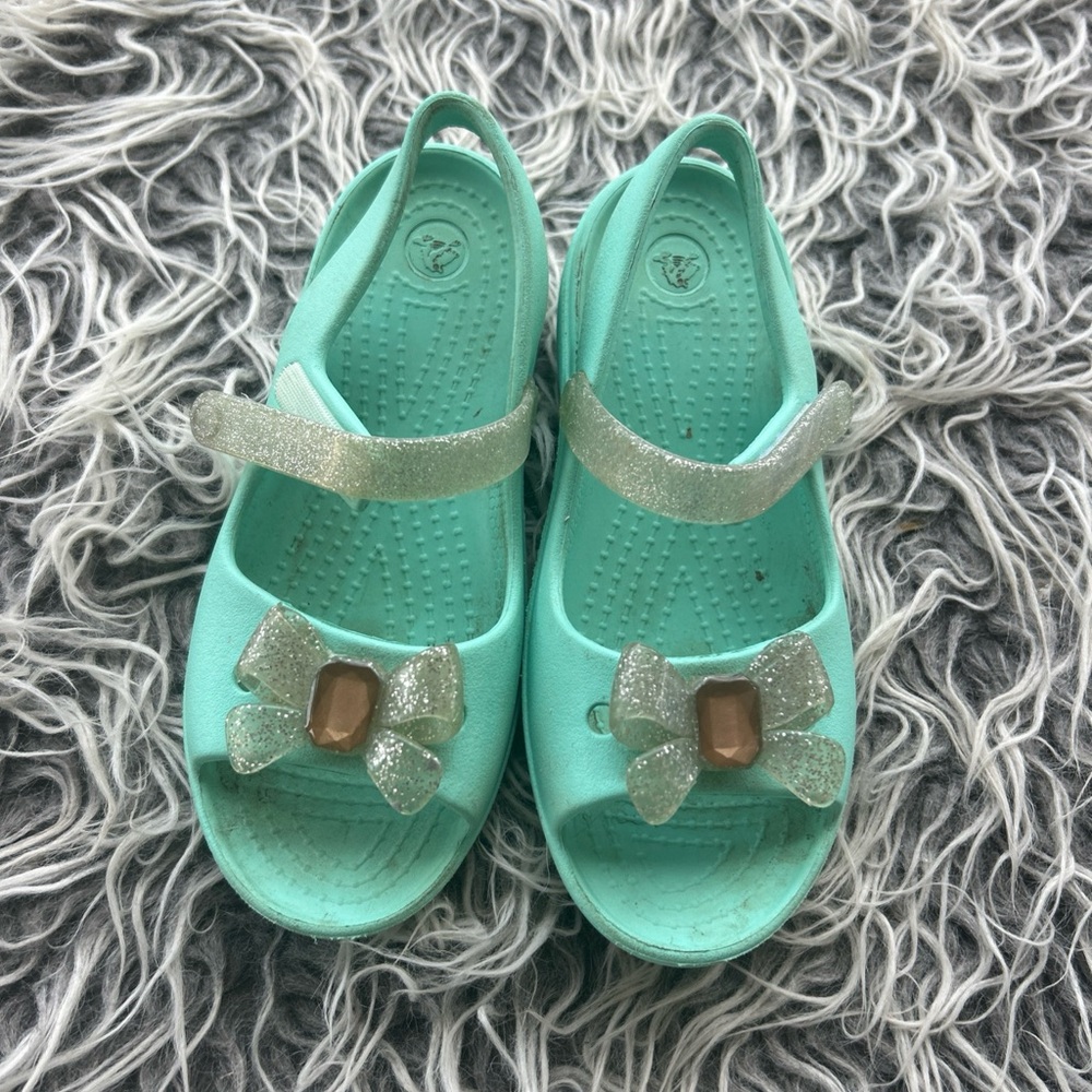 CROCS JELLY SLINGBACK SLIP MARY JANE SANDAL SHOE C 12 Green Silver Bow Sparkly